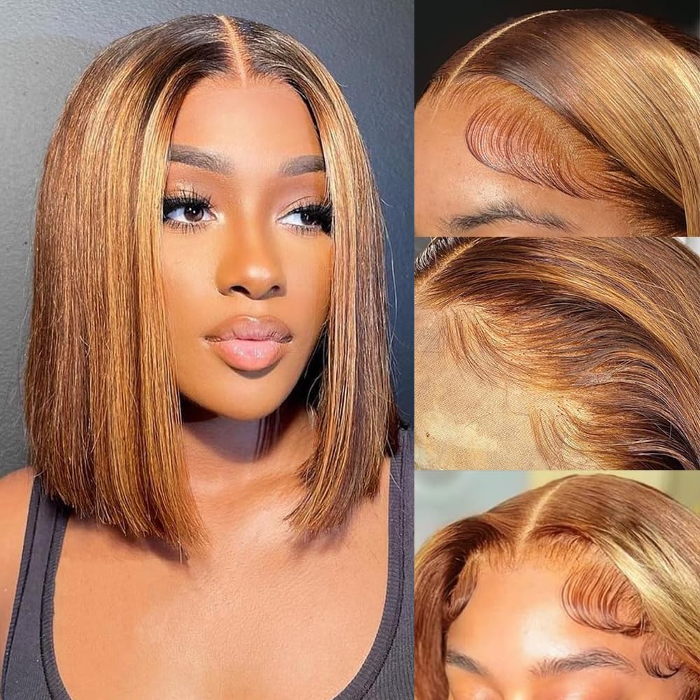 4/27 Highlight Bob Wig Human Hair 13X4 HD Transparent Ombre Highlight Bob Lace Front Wigs