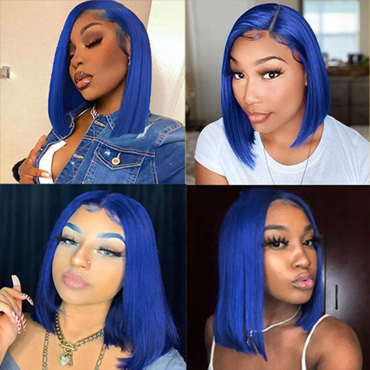 Blue Short Bob Lace Front Wigs Human Hair Pre plucked For Black Women 13x4 Straight Transparent Lace Frontal Wigs