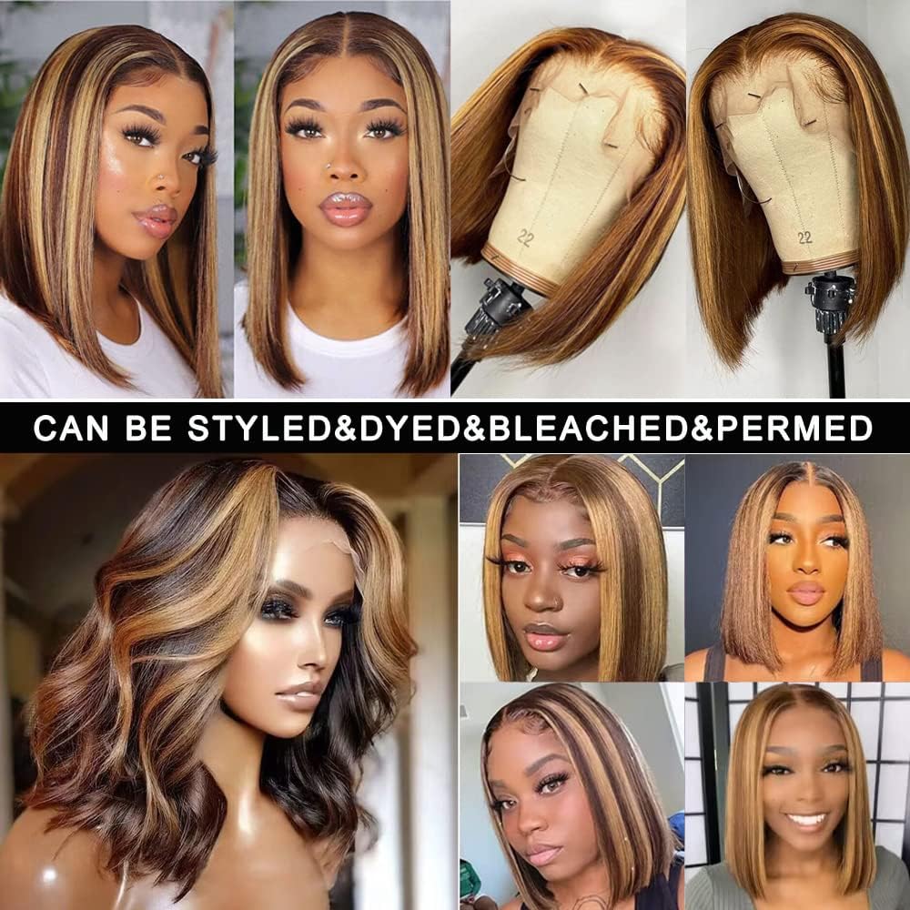 4/27 Highlight Bob Wig Human Hair 13X4 HD Transparent Ombre Highlight Bob Lace Front Wigs