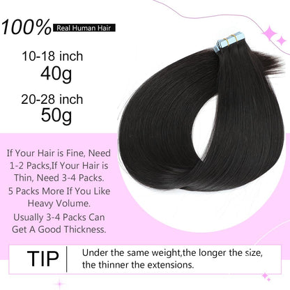 Human Hair Tape In Hair Extensions Natural Black Color Seamless Invisible PU Skin Weft Tape in 100% Real Human Hair