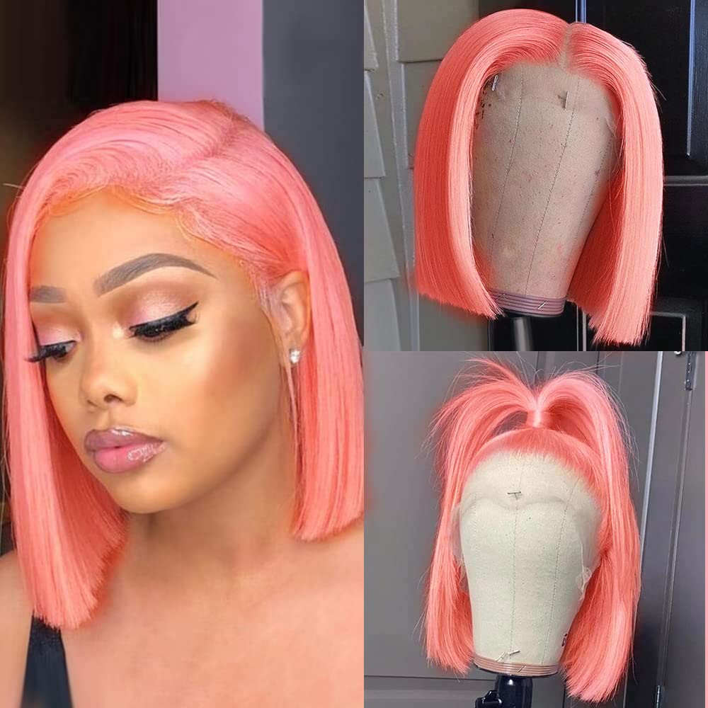 Pink Bob Wig Human Hair Straight 13X4 HD Transparent Pink Red Bob Lace Front Wigs Human Hair Wead and Go Glueless Wigs