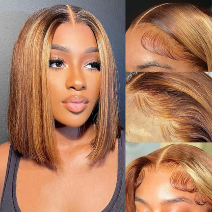 4/27 Highlight Bob Wig Human Hair 13X4 HD Transparent Ombre Highlight Bob Lace Front Wigs