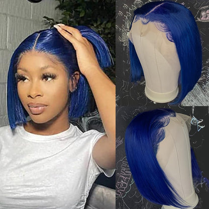 Blue Short Bob Lace Front Wigs Human Hair Pre plucked For Black Women 13x4 Straight Transparent Lace Frontal Wigs