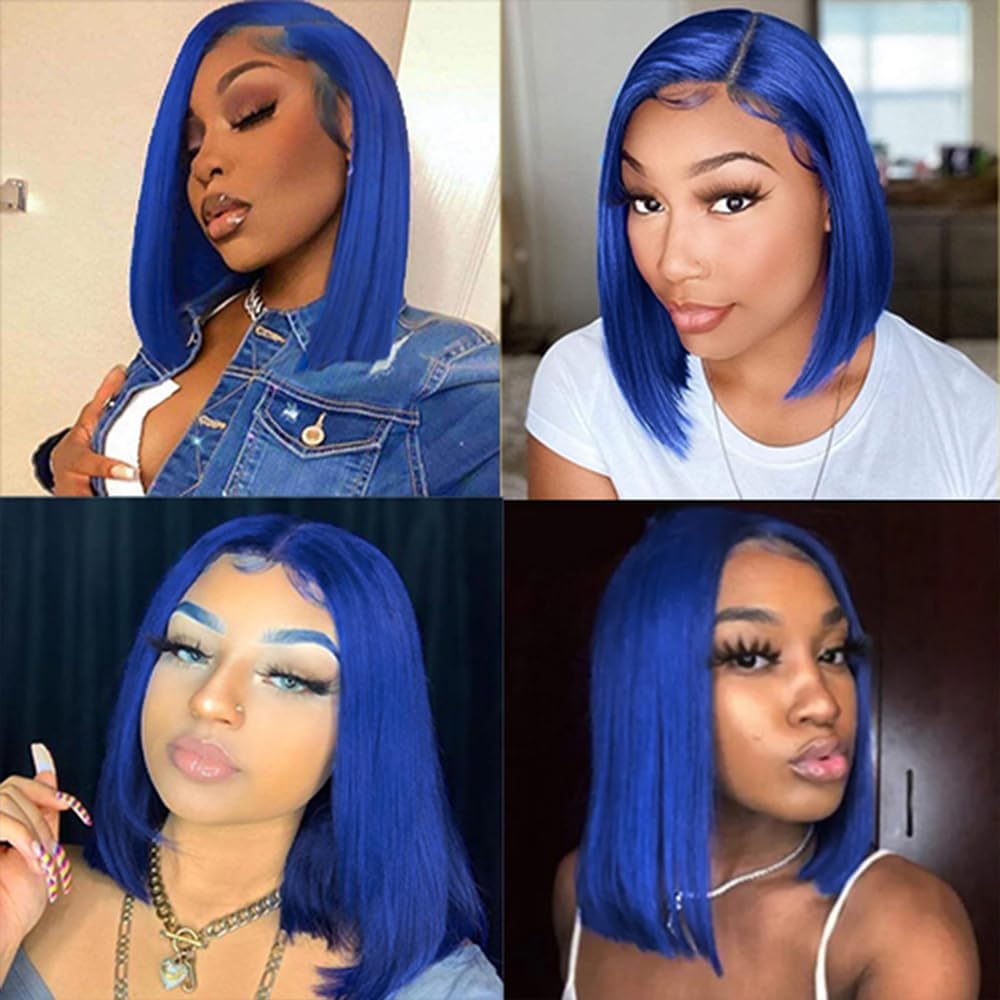 Blue Short Bob Lace Front Wigs Human Hair Pre plucked For Black Women 13x4 Straight Transparent Lace Frontal Wigs