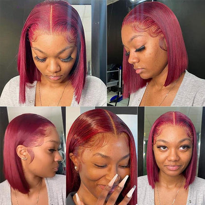 Wear and Go Glueless Pre Plucked 13X4 Straight 99J Burgundy Bob Wig Human Hair Lace Front Wigs With Baby Hair