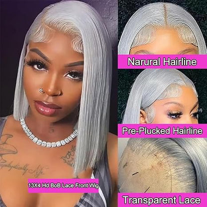 13x4 Straight HD Transparent Grey Bob Lace Front Wigs Human Hair Grey Bob Wig Human Hair Wear and Go Glueless Wig