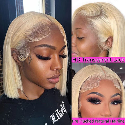 13X4 HD Transparent 613 Blonde Blunt Cut Glueless Bob Wig Human Hair Lace Front Wig With Baby Hair Pre Plucked