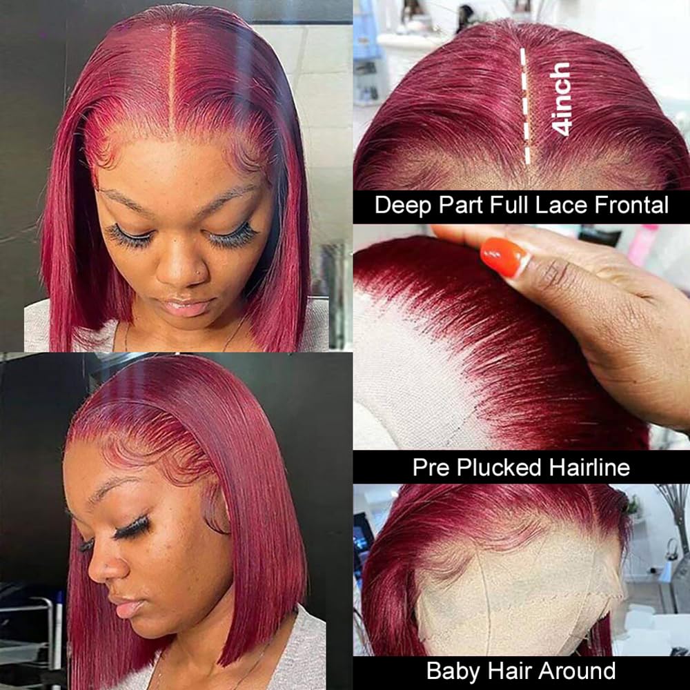 Wear and Go Glueless Pre Plucked 13X4 Straight 99J Burgundy Bob Wig Human Hair Lace Front Wigs With Baby Hair