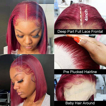 Wear and Go Glueless Pre Plucked 13X4 Straight 99J Burgundy Bob Wig Human Hair Lace Front Wigs With Baby Hair