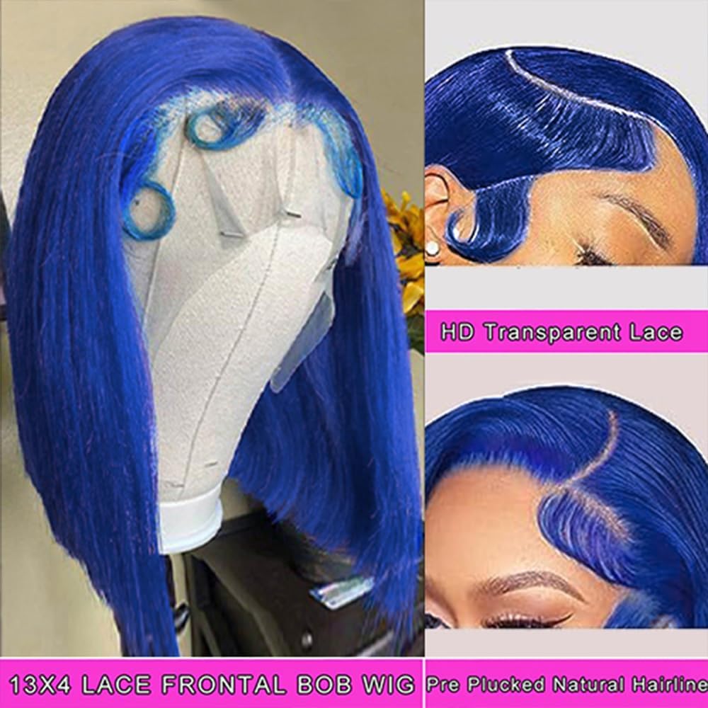 Blue Short Bob Lace Front Wigs Human Hair Pre plucked For Black Women 13x4 Straight Transparent Lace Frontal Wigs