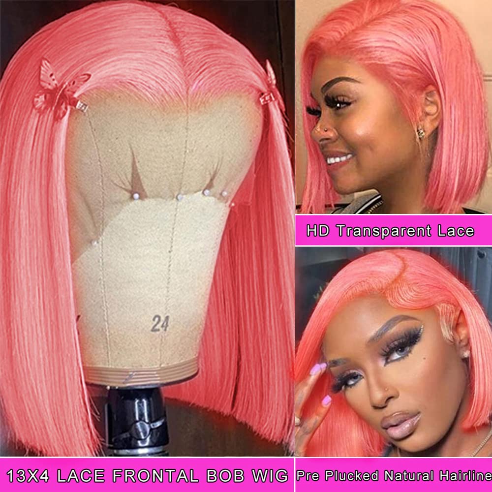 Pink Bob Wig Human Hair Straight 13X4 HD Transparent Pink Red Bob Lace Front Wigs Human Hair Wead and Go Glueless Wigs