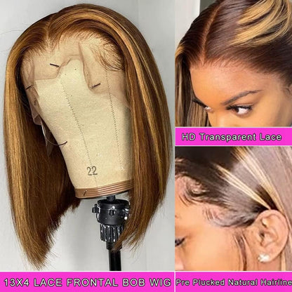 4/27 Highlight Bob Wig Human Hair 13X4 HD Transparent Ombre Highlight Bob Lace Front Wigs