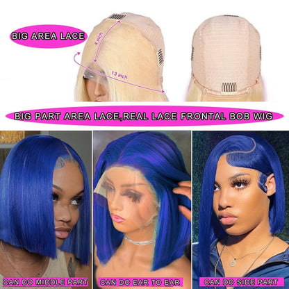 Blue Short Bob Lace Front Wigs Human Hair Pre plucked For Black Women 13x4 Straight Transparent Lace Frontal Wigs