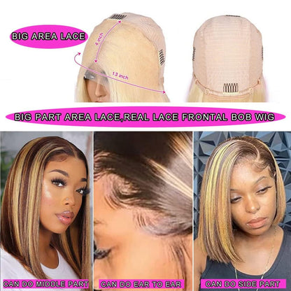 4/27 Highlight Bob Wig Human Hair 13X4 HD Transparent Ombre Highlight Bob Lace Front Wigs