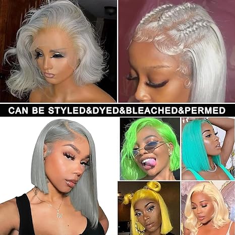 13x4 Straight HD Transparent Grey Bob Lace Front Wigs Human Hair Grey Bob Wig Human Hair Wear and Go Glueless Wig