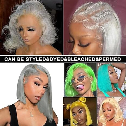 13x4 Straight HD Transparent Grey Bob Lace Front Wigs Human Hair Grey Bob Wig Human Hair Wear and Go Glueless Wig