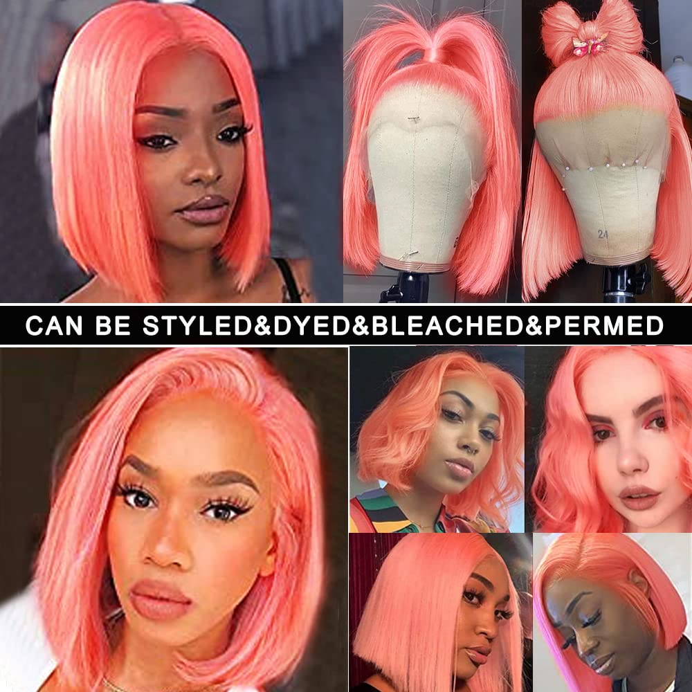 Pink Bob Wig Human Hair Straight 13X4 HD Transparent Pink Red Bob Lace Front Wigs Human Hair Wead and Go Glueless Wigs