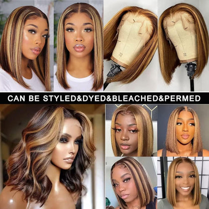 4/27 Highlight Bob Wig Human Hair 13X4 HD Transparent Ombre Highlight Bob Lace Front Wigs