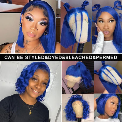 Blue Short Bob Lace Front Wigs Human Hair Pre plucked For Black Women 13x4 Straight Transparent Lace Frontal Wigs