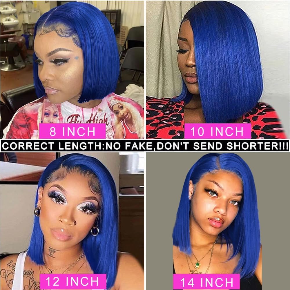 Blue Short Bob Lace Front Wigs Human Hair Pre plucked For Black Women 13x4 Straight Transparent Lace Frontal Wigs