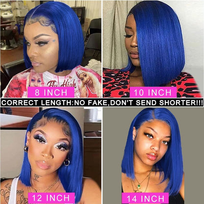 Blue Short Bob Lace Front Wigs Human Hair Pre plucked For Black Women 13x4 Straight Transparent Lace Frontal Wigs