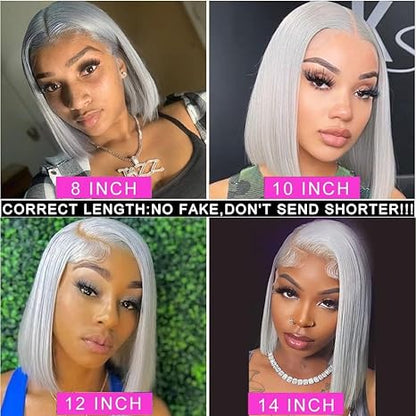 13x4 Straight HD Transparent Grey Bob Lace Front Wigs Human Hair Grey Bob Wig Human Hair Wear and Go Glueless Wig