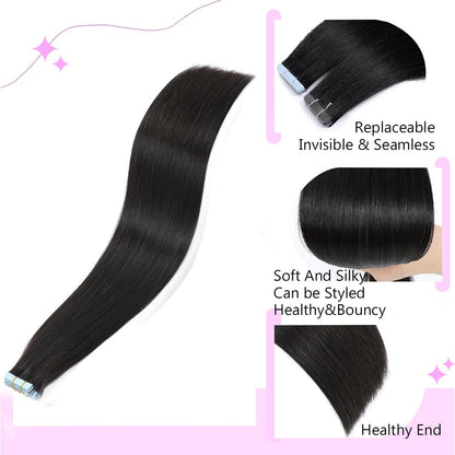 Human Hair Tape In Hair Extensions Natural Black Color Seamless Invisible PU Skin Weft Tape in 100% Real Human Hair
